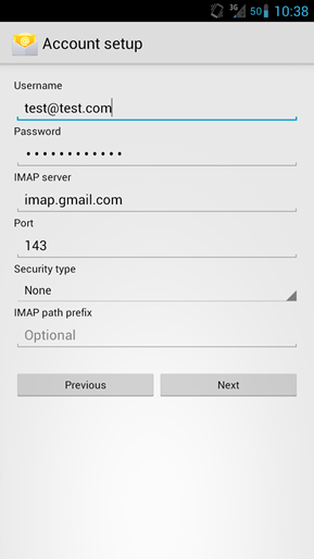 Android Email, Server Settings